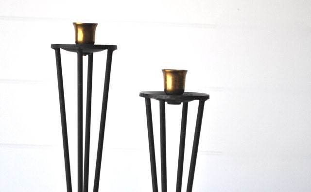 Mid Century Candle Holders - Atomic - Black and Brass