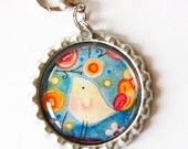 Bird zipper pull, zipper pull, purse charm, backpack charm, Bird, blue, bottlecap charm (1118)