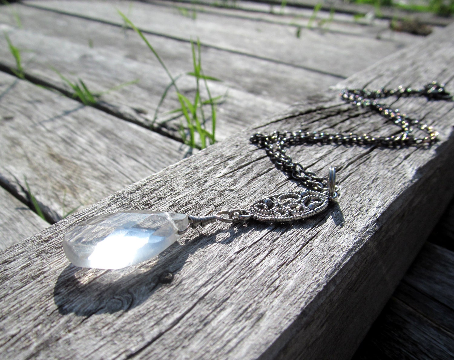 CRYSTAL QUARTZ Reiki Healing Gemstone Pendant Antiqued Silver Gunmetal Power