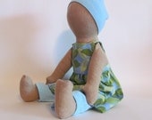 11" Eco-Friendly soft cloth doll with green and blue sundress