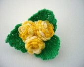 Crochet Cotton Corsage Brooch Pin Lovely Yellow Roses Shabby Chic Roses