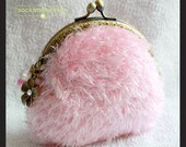 Romantic pink feather yarn purse, engraved brass kisslock clasp, embellished with crystals and decorative ornaments (LIMITED EDITION)