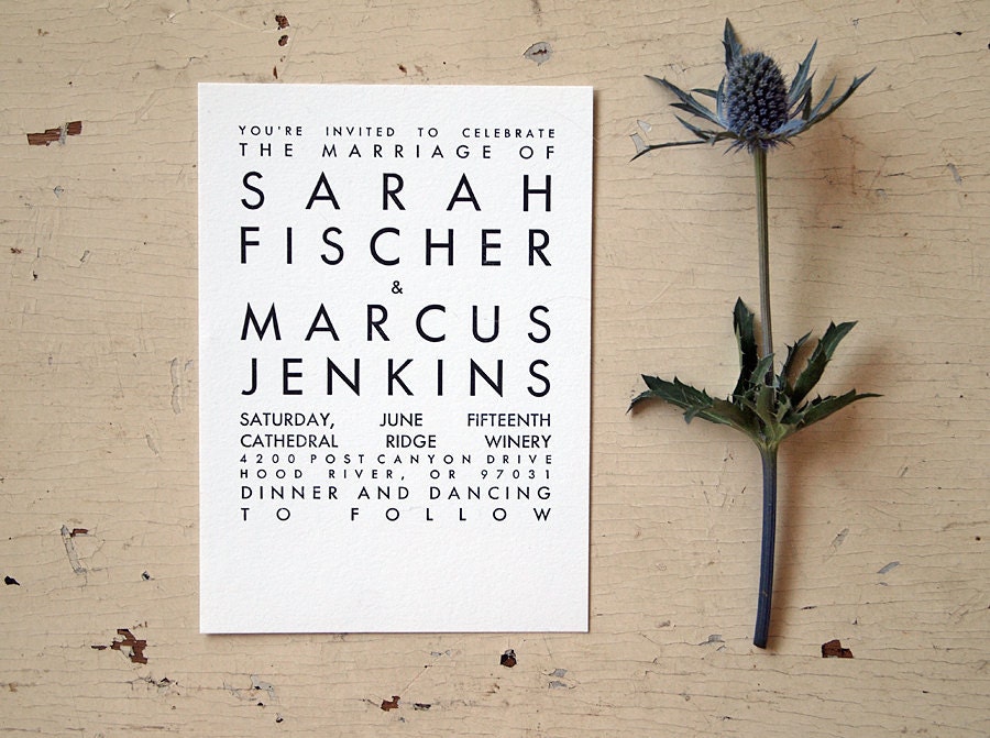 Modern Wedding Invitation - Simple Typography - Letterpress Set - Black and White (Sample)