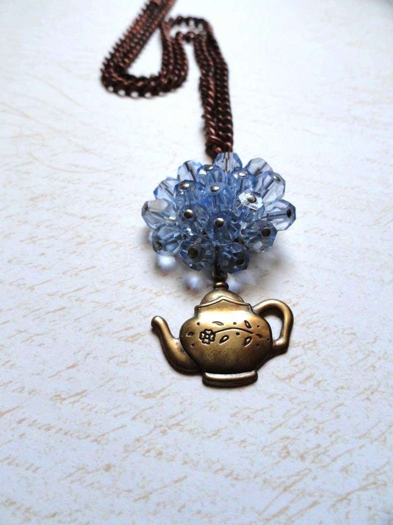 Alice in Wonderland - Teapot Necklace with Blue Beaded Pendant - Upcycled Jewelry -Victorian Jewelry - Alice in Wonderland Jewelry