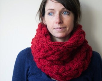 Chunky Red Infinity Cowl - Hand Knitted Unisex Scarf