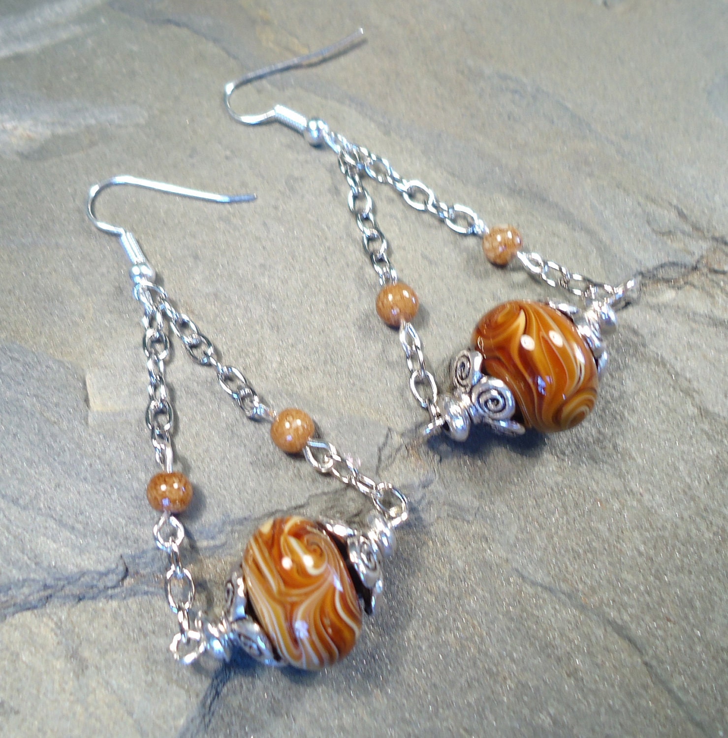 Swirled Lampworked Glass and Agate Earrings