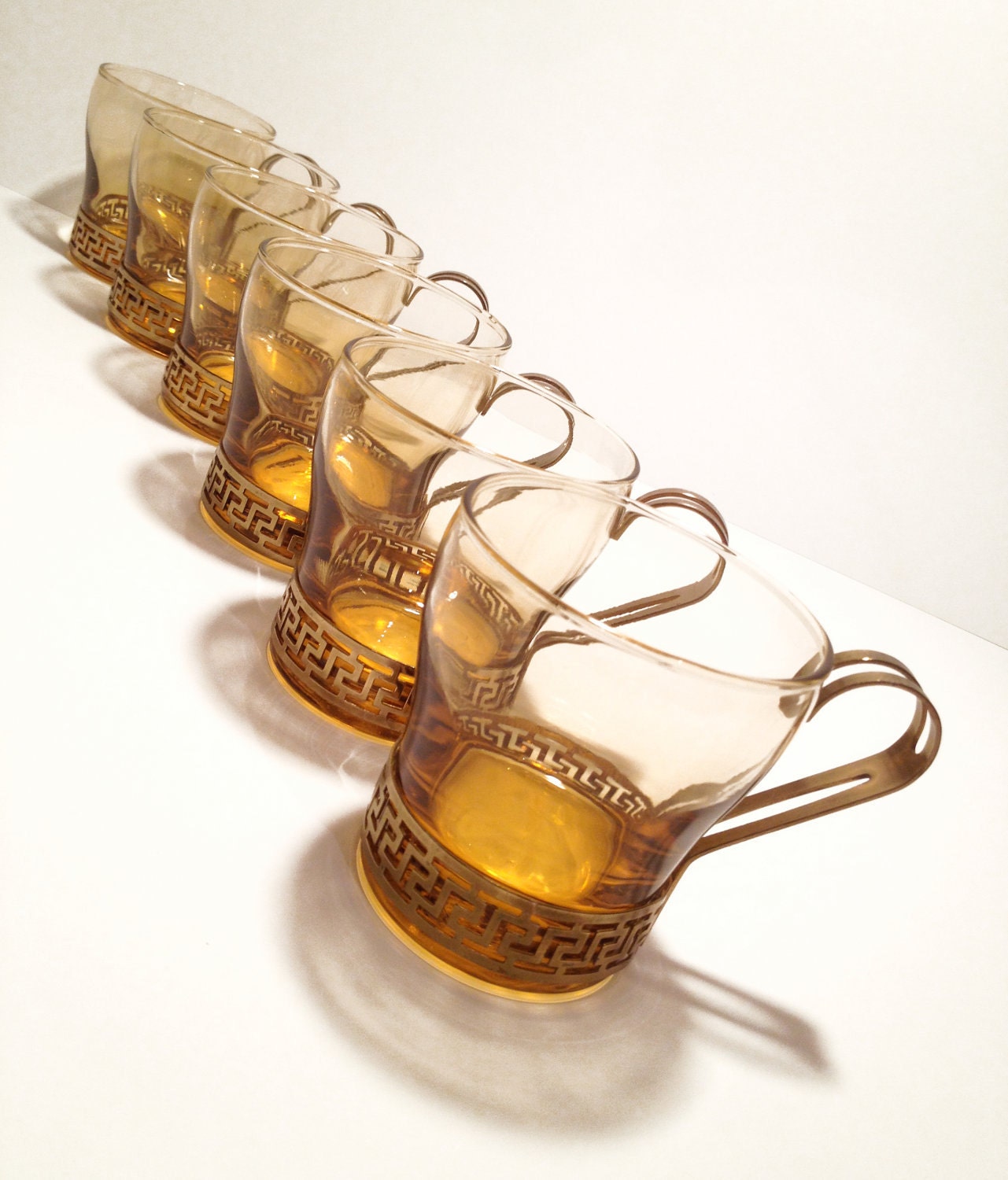 Vintage Amber Cups with Brass Handles