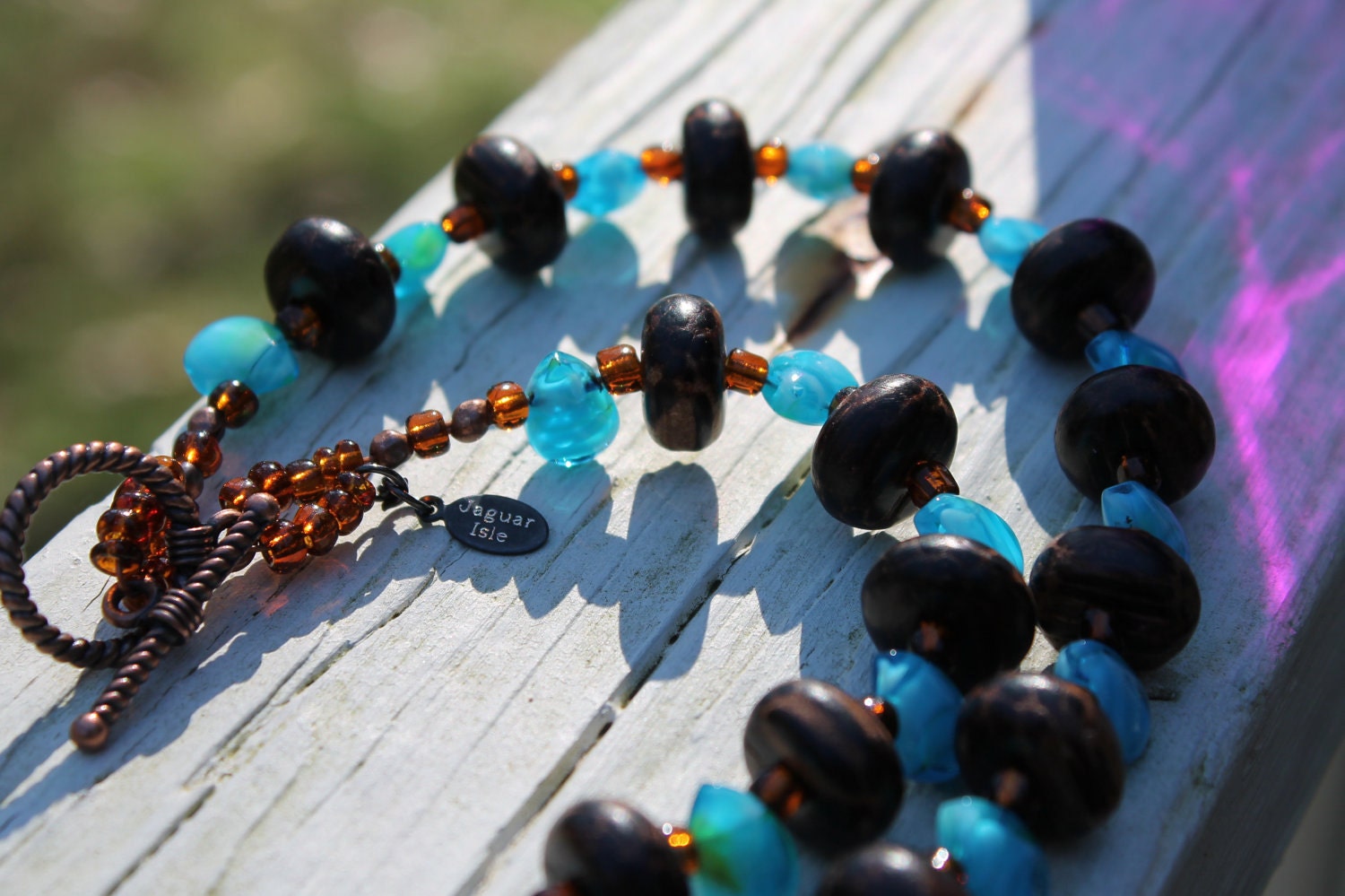 FREE SHIPPING Laahana - Long Statement Necklace, Wood Turquoise Glass Beaded Necklace (Beachy, Tribal, Ethnic) FREE Gift Box