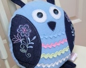 Owl Pillow, Embroidered Denim & Lt Blue with Ric Rac, Upcycled - BecomingBearsETC
