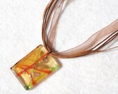 Copper Grass Necklace- Dichroic glass pendant, tangerine, honey gold, green, ribbon and cord necklace , Autumn Jewelry, Fall Fashion,