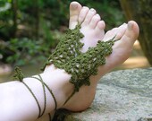 BAREFOOT SANDALS, Crochet, Olive Green, Nude Summer Shoes, Beach Wedding Bohemian Foot Jewelry, Hippie Sandals, Bridal Gypsy Anklets, Cotton