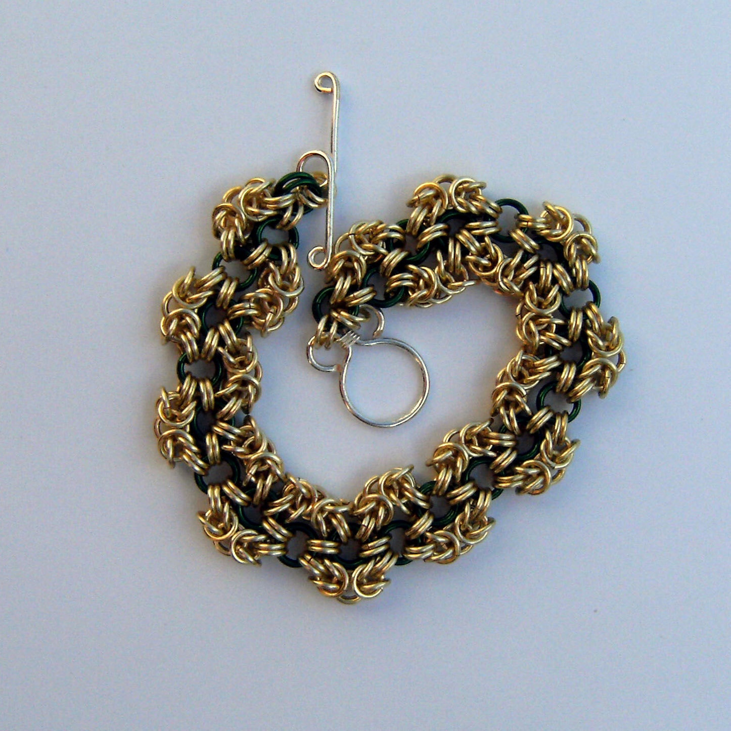 Chainmail bracelet, byzantine weave, green and gold, silver plated copper
