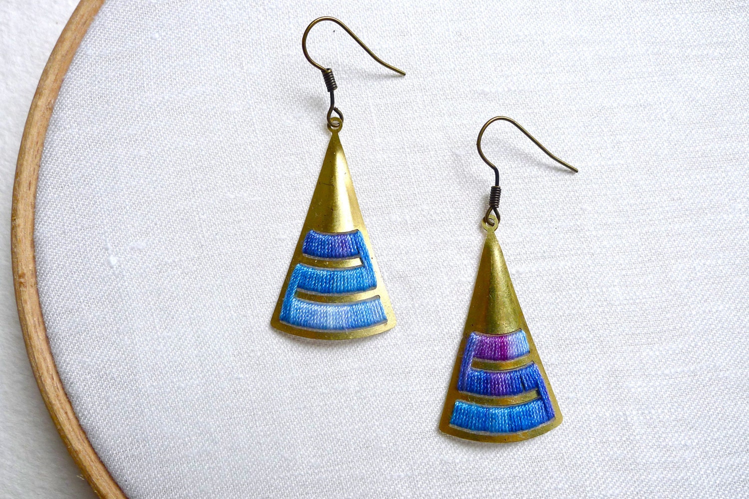 Triangular Earrings - brass and cotton thread