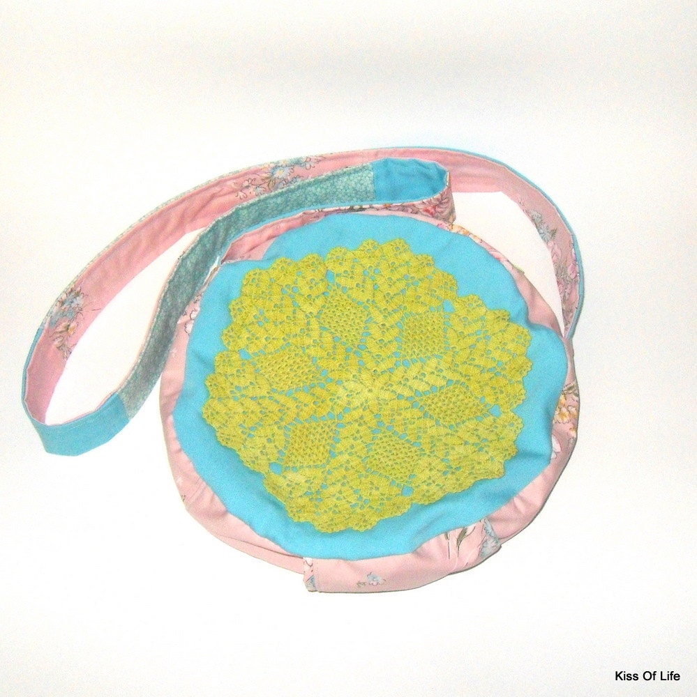 Unique Purse Handmade Doily Messenger Bag Canteen Style Upcycled Turquoise Lime Pink Spring Floral Print