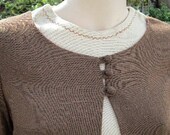 Ultra smart 60s beige linen dress and contrasting brown coat,  Bust 34"