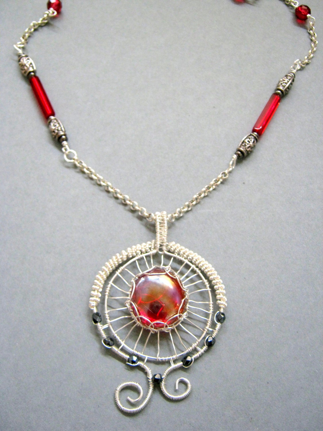 Wire wrapped jewelry, handmade wire wrapped necklace, Red glass necklace, handmade wire wrapped jewelry