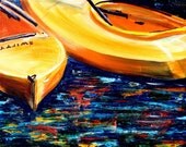 Yellow Boats - Original Acrylic Painting of Bright Yellow Kayaks bobbing in the Brilliant Blue Water Sea - RedBoatStudio