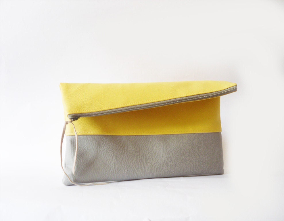 Clutch purse Foldover Butter Yellow and Grey Vegan Leather , Color Block