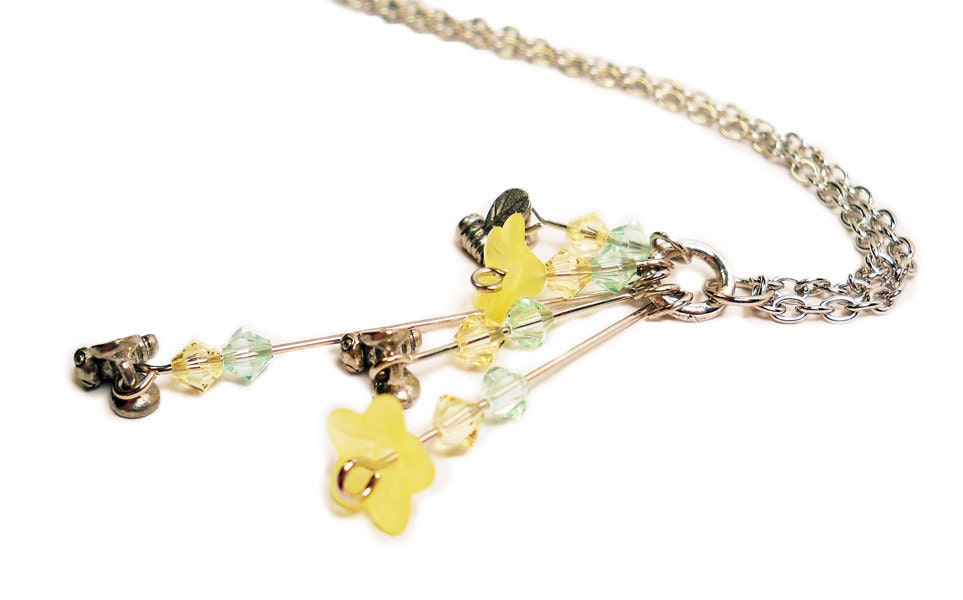 flower necklace - light green pale yellow bee dangle pendant long chain Swarovski spring time celebration