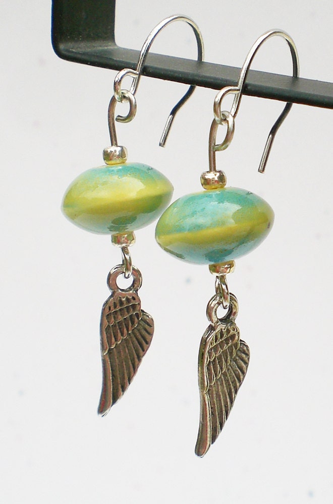 angel wings earrings green blue bead dangle