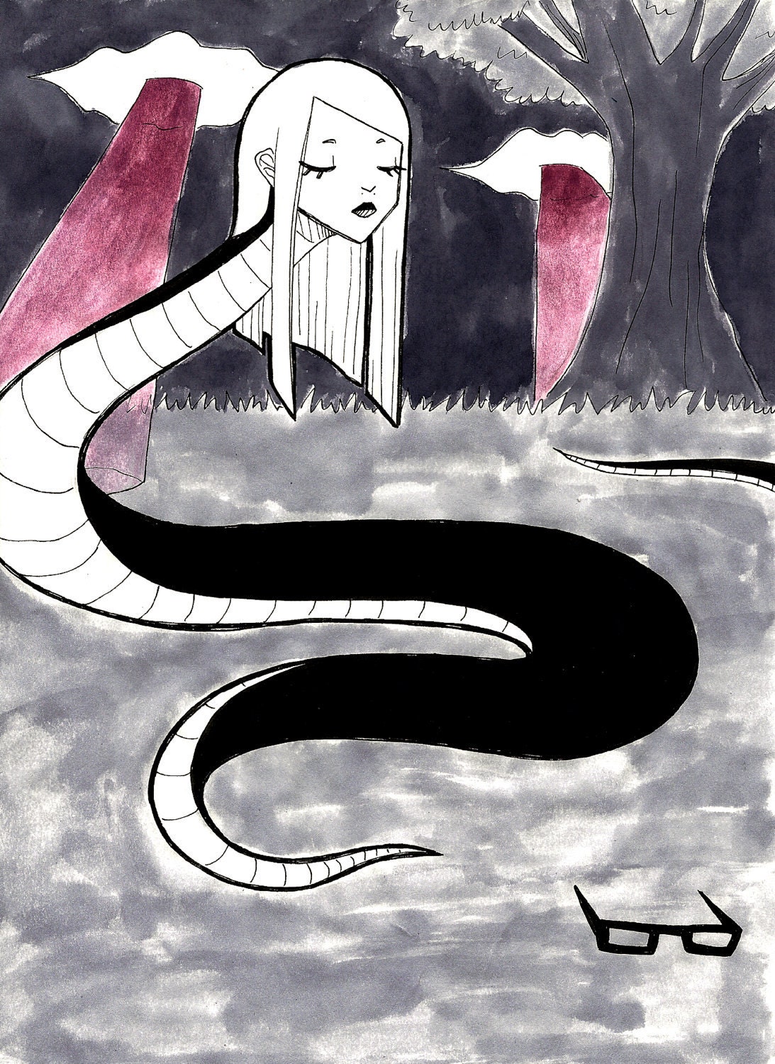 Original Ink and Watercolor Illustration - Snakes on a Plain
