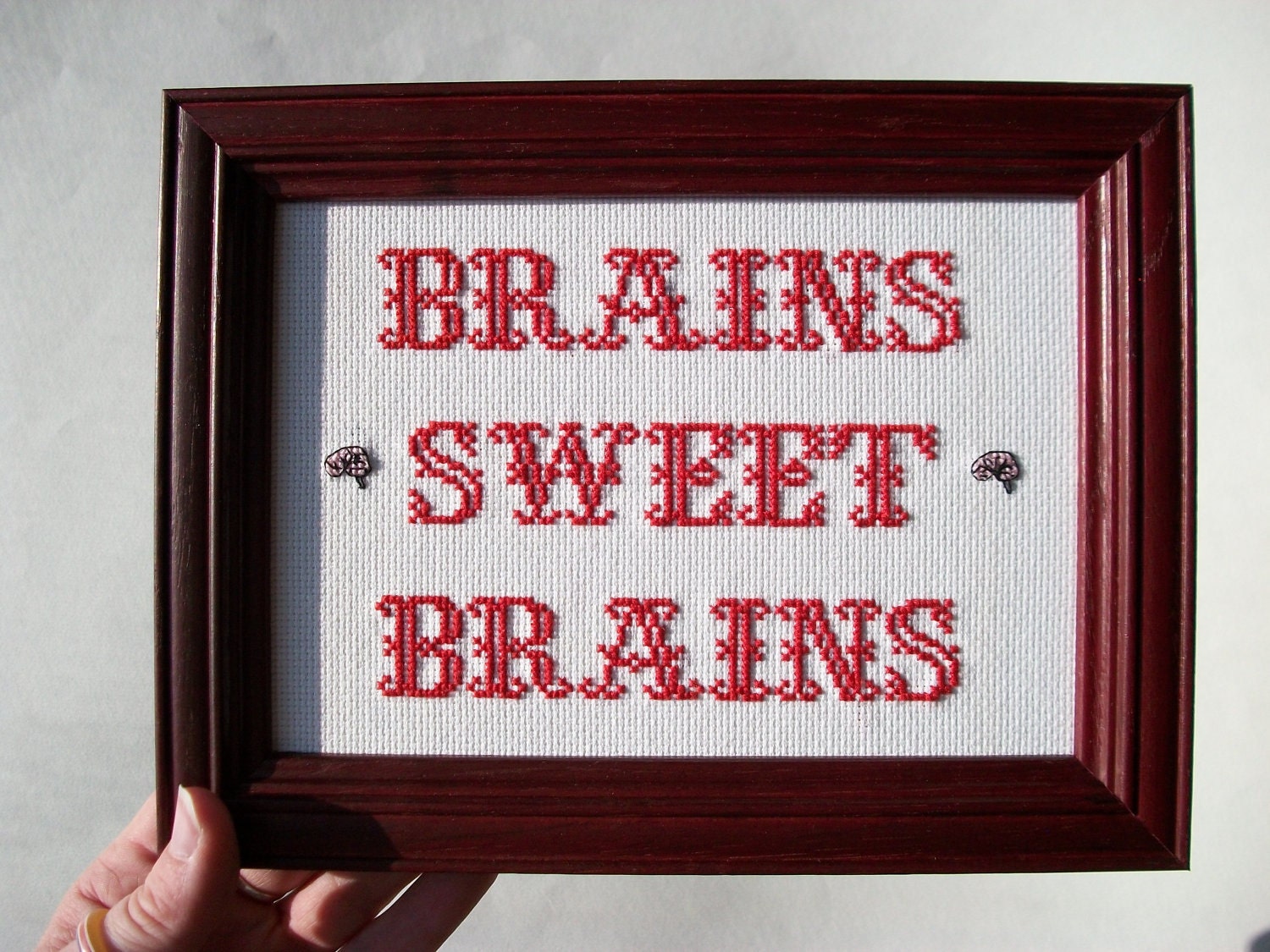 Cross stitch sampler -- Brains Sweet Brains, Home Sweet Home style