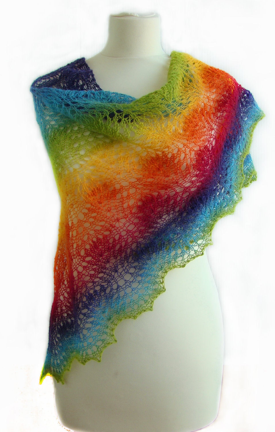 Beautiful lace handknitted shawl in the colors of the "rainbow"