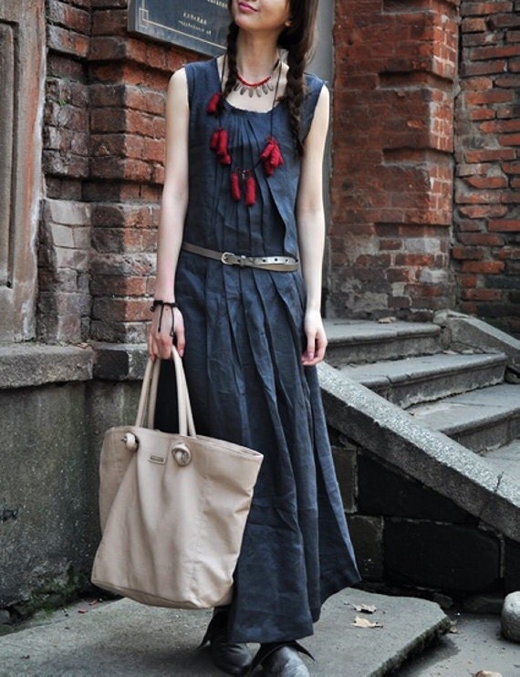 Linen Blue Summer Dress / Long Pleated Maxi Dress Gown - Custom Made