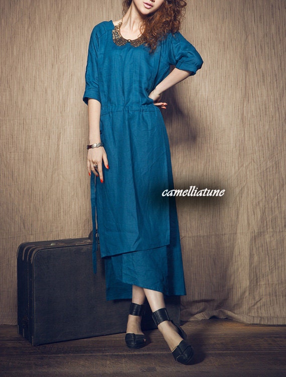 linen evening dress in blue / cocktail dress / long dress (Custom Made)
