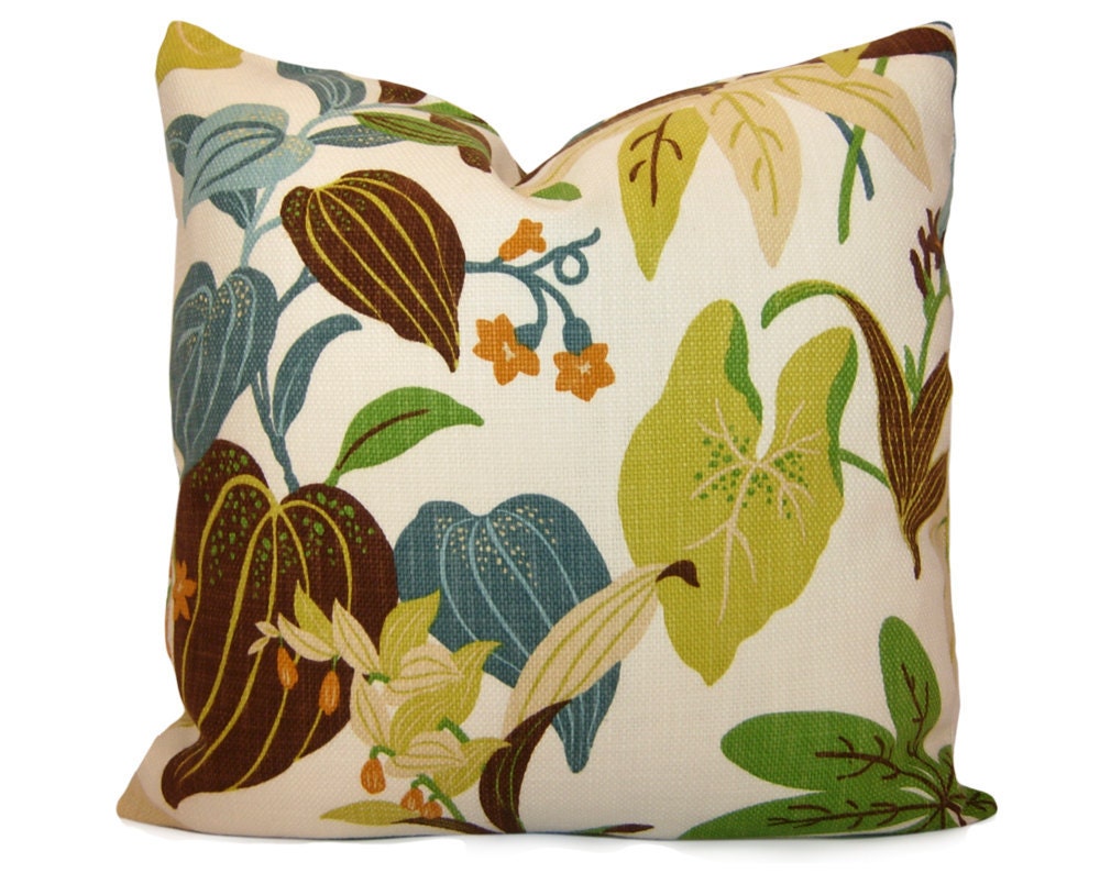 ON SALE - Floral Decorative Pillow Cover - Tropical Floral Pillow in Spa Blue, Green, Brown and Apricot - Accent Pillow - Sofa Pillow