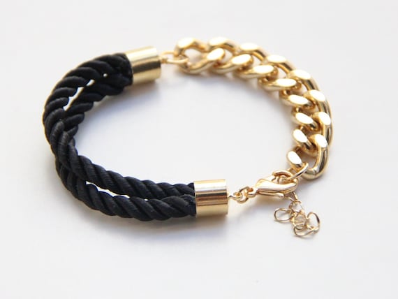 Half and Half: Gold chunky chain and black Silk Bracelet - 24k gold plated