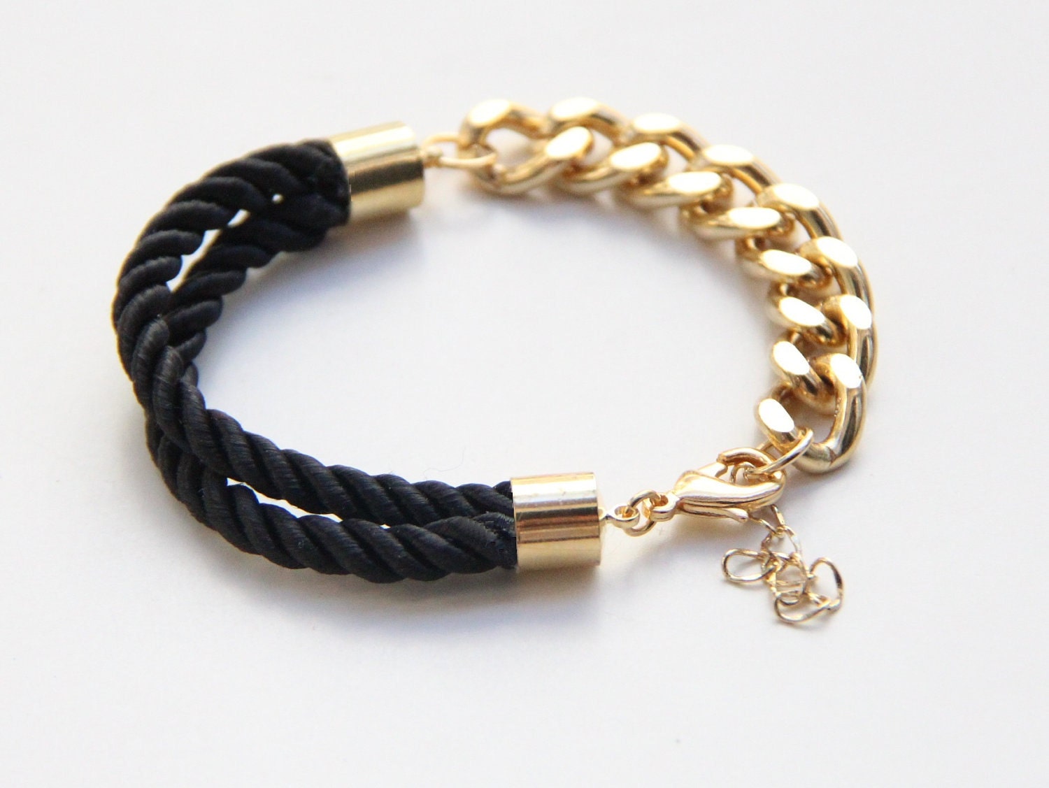 Half and Half: Gold chunky chain and black Silk Bracelet - 24k gold plated