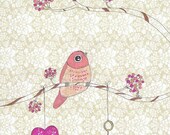 Hot pink bird with key and heart art print 8x10