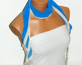 Parliament Blue, Cream Scarf. Turkish Chiffon Fabric Fringed Guipure Scarf ..bandana,headband,wedding,bridal,authentic, romantic, elegant,