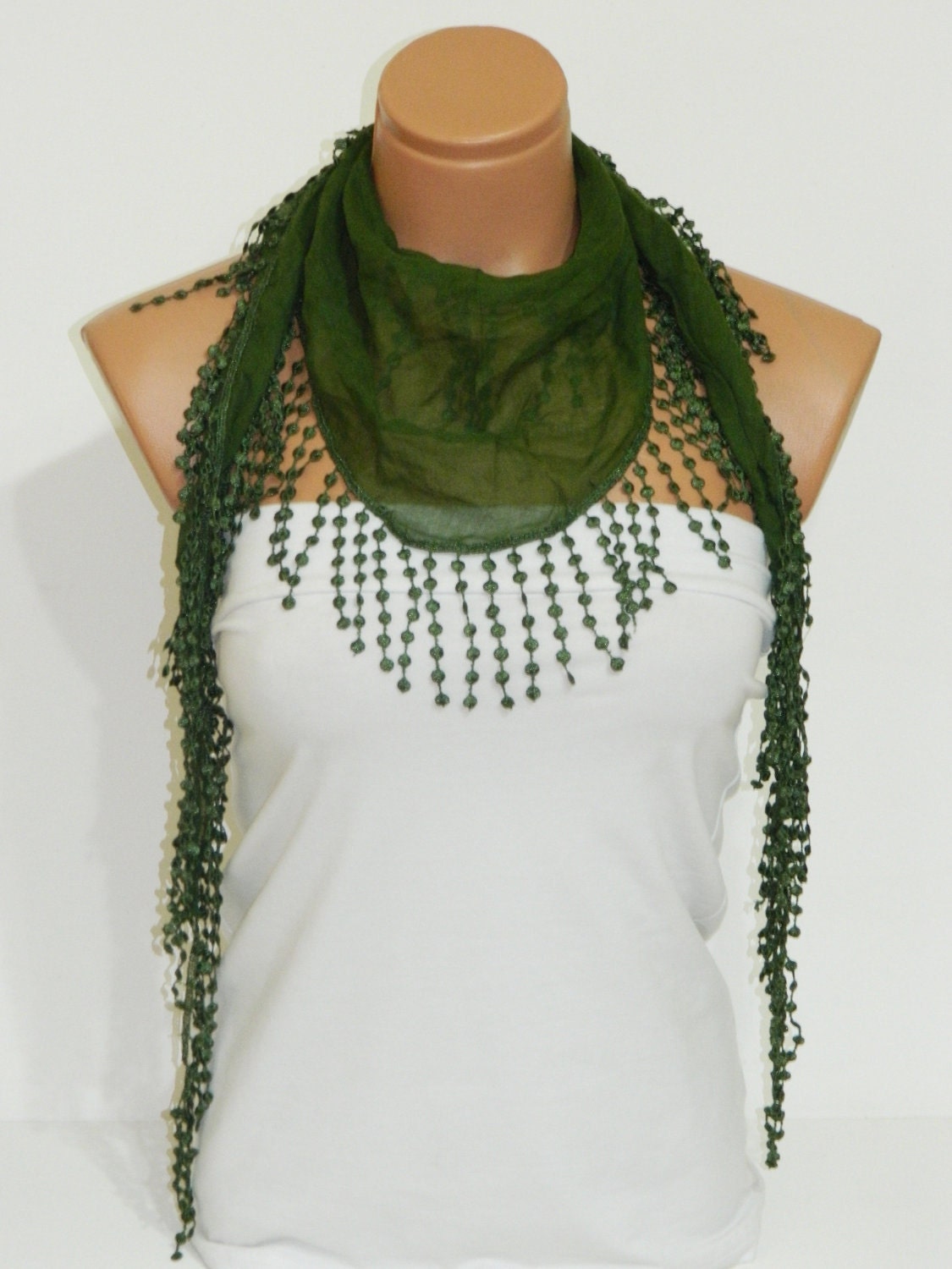 Green Scarves. Turkish Fabric Fringed Guipure Scarf ..bandana,headband,wedding,bridal,authentic, romantic, elegant,