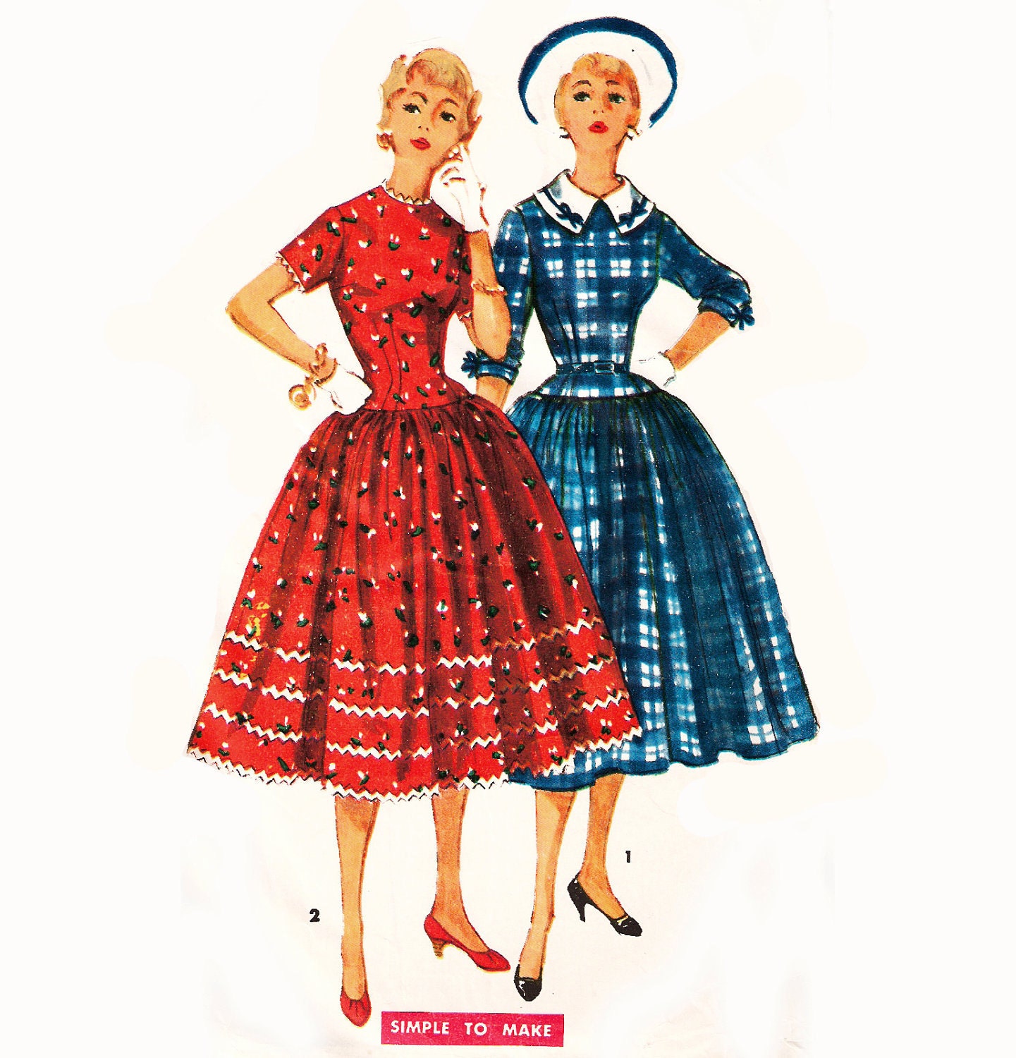 1954 Vintage Bombshell Dress, 3/4 or Short Sleeves with Detachable Collar, Optional Rick Rack or Ribbon Bow Trim, Simplicity 4996, Bust 34"