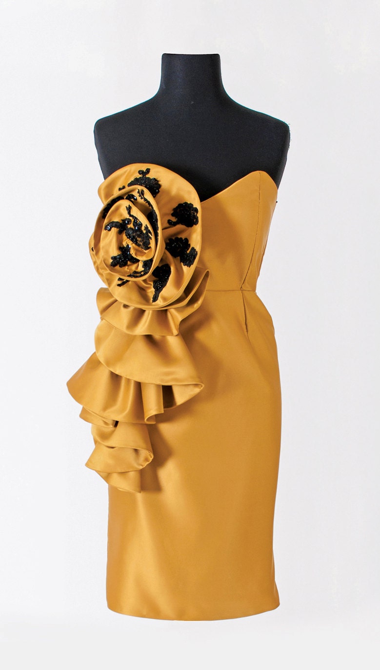 ARIEL - Handmade Goldenrod Yellow Satin Cocktail Dress