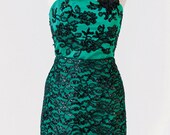 SANDRA - Handmade Emerald Green Satin and Black Lace Cocktail Dress