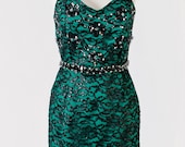 CHRISTINA - Handmade Emerald Green Satin and Black Lace Cocktail Dress