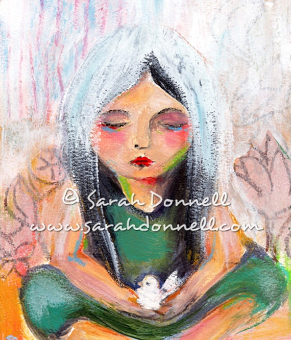 A3 Large Print Meditation Peace Dove Wall Art Green Pink Artwork Illustration Mixed Media Girl Woman Painting Australian - Finding Peace