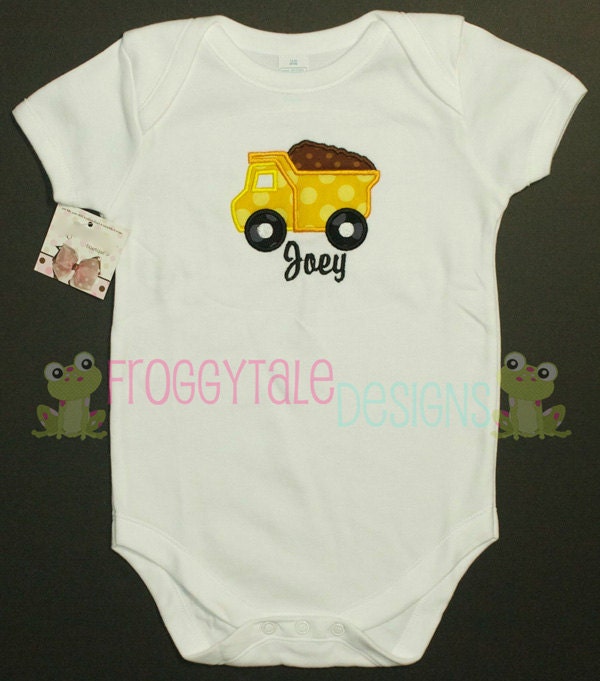 PERSONALIZED Boys Dump Truck Bodysuit Onesie or Toddler Shirt in Yellow and Chocolate for Little Baby Boys - Monogrammed Custom