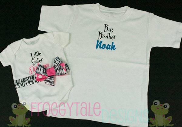 Big Brother Shirt and Little Sister Bodysuit Onesie in Zebra Hot Pink and Black Electric Blue for Little Siblings - PERSONALIZED Custom