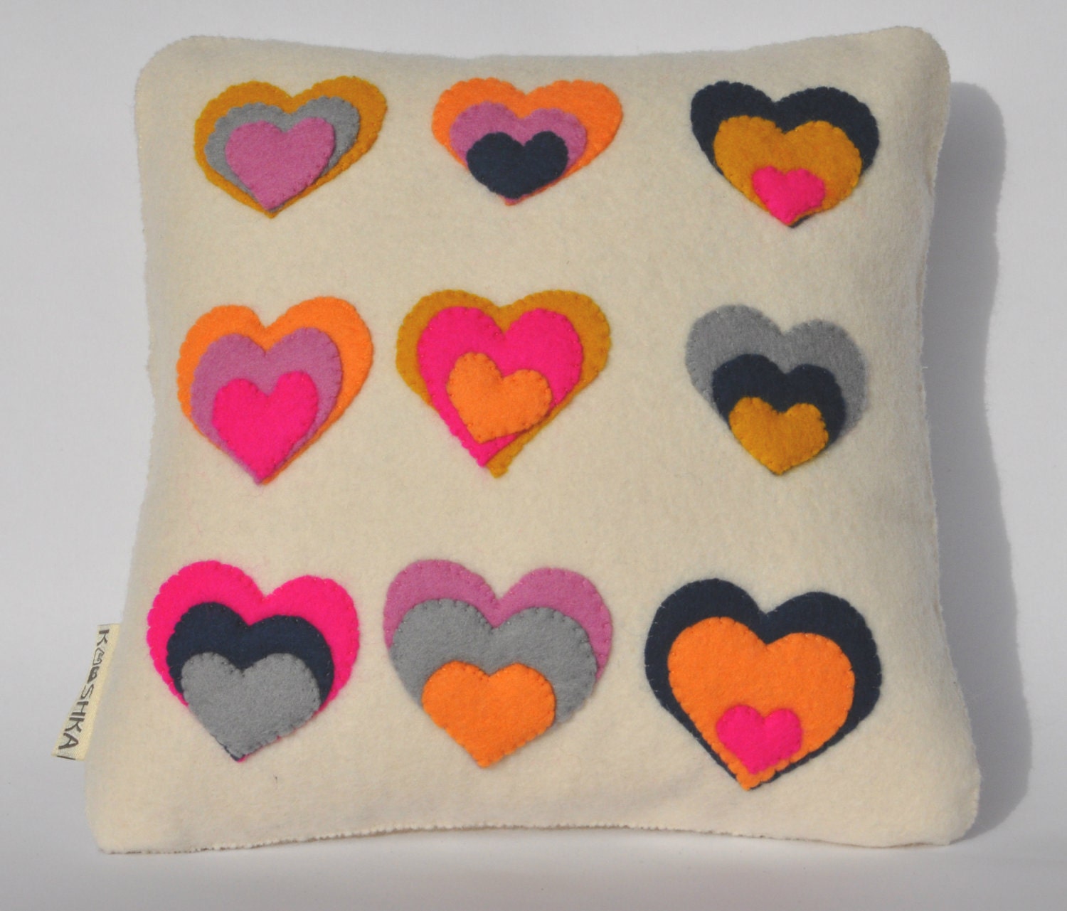 Modern Cushion Wool Felt Hearts cream neon pink orange grey navy lilac