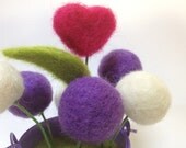 Everlasting Needle Felted Flowerpot, Felted Balls Purple and White, Pink Felted Heart, Home Decoration