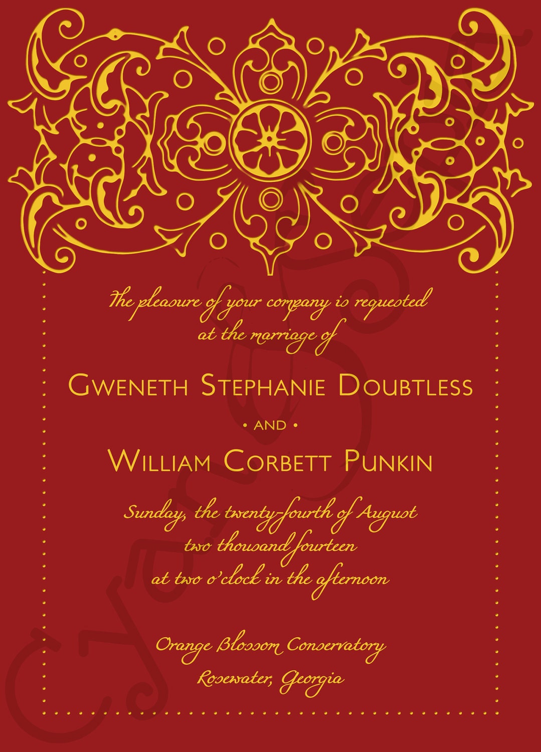 Printable Wedding Invitation - 5x7 - Bollywood Ornate - Formal Filigree Antique Hollywood Elegant Indian - Red Gold Plum Silver Navy Yellow