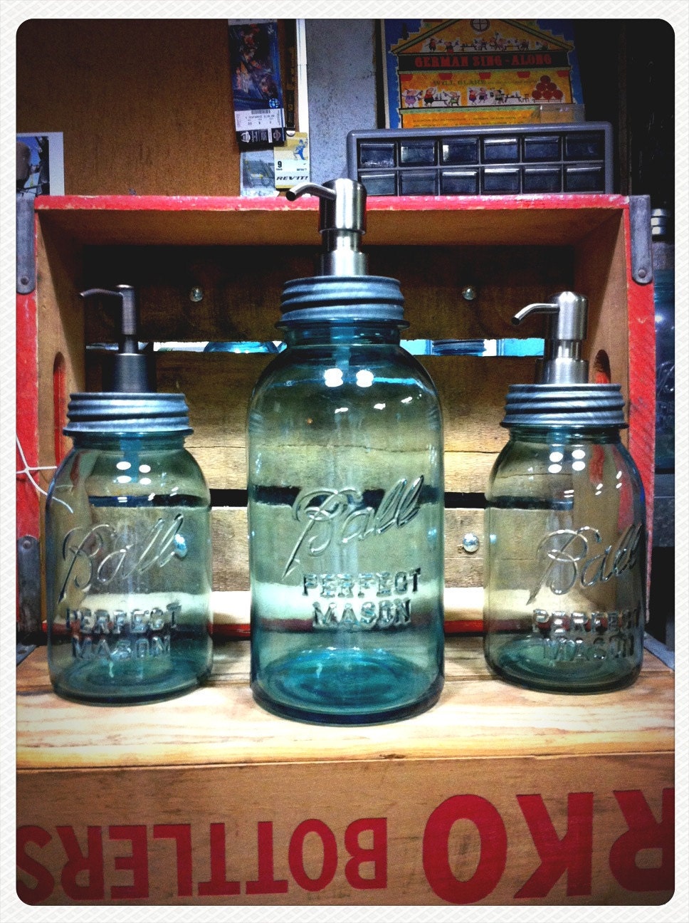 Mason jar soap dispenser, BLUE HALF GALLON