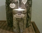 Wedding Centerpiece, Rustic Wedding Decor, Peace, Love, Happiness Centerpiece Log Tealight Candle Holders