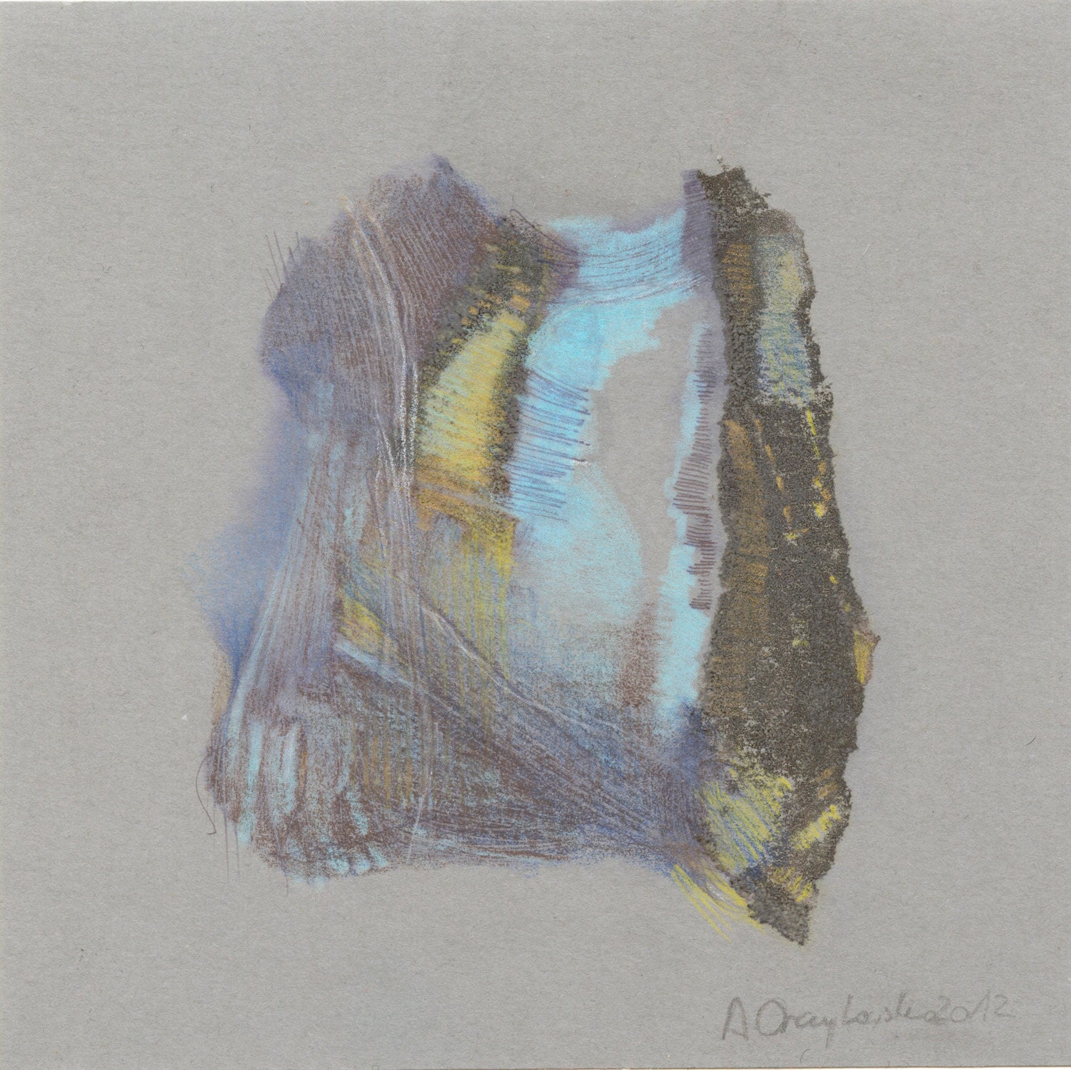 ORIGINAL abstract drawing 5 X 5,coloured pencils on gray paper tourquise blue sepia orange home decor,