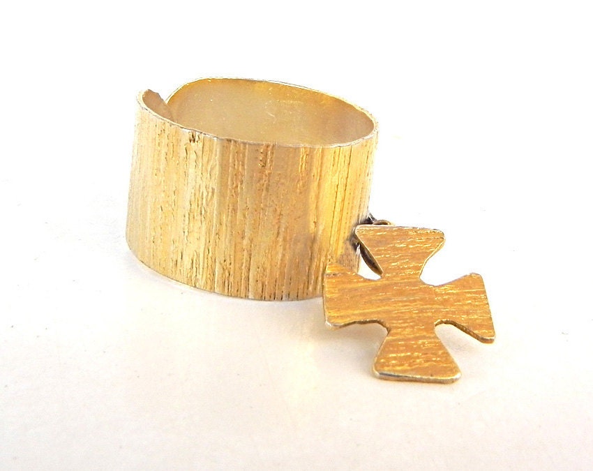 Hammered Sterling Silver cuff ring and cross plated with 14k gold