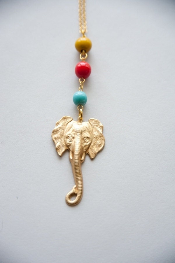 Sale Elephant Necklace - Chic Modern Brass Elephant Charm Combined with Vintage Czech Glass Beads "Elephant Dreams"